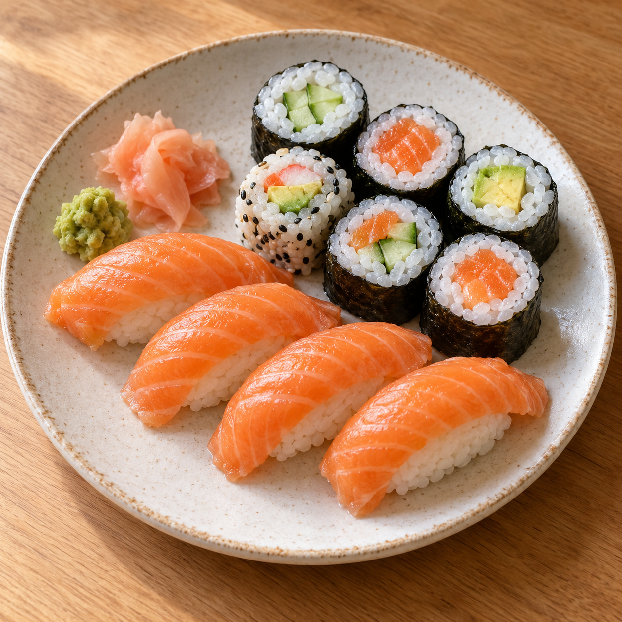 AI illustration of salmon nigiri and assorted maki on a ceramic plate in natural daylight