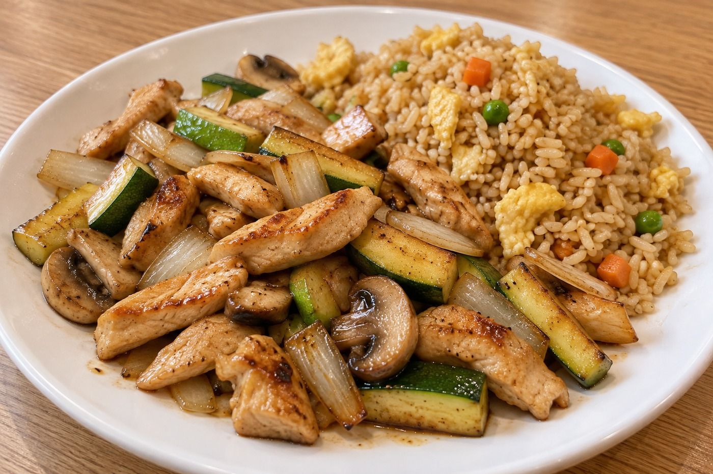 AI illustration of a modest chicken and vegetable hibachi plate with fried rice