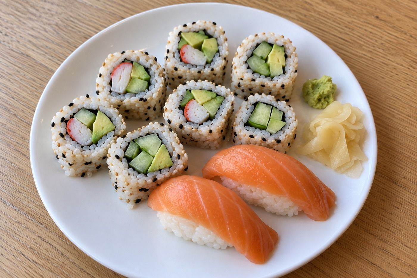 AI illustration of maki rolls and salmon nigiri on a white plate